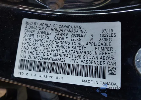 2019 Honda Civic Lx z USA, uszkodzony, nr VIN 2HGFC2F66KH582629